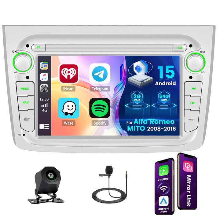 Hikity Android 15 Autoradio für Alfa Romeo MiTo 2008-2016 7 Zoll CarPlay | 2G+64G, ASP, Wireless Car