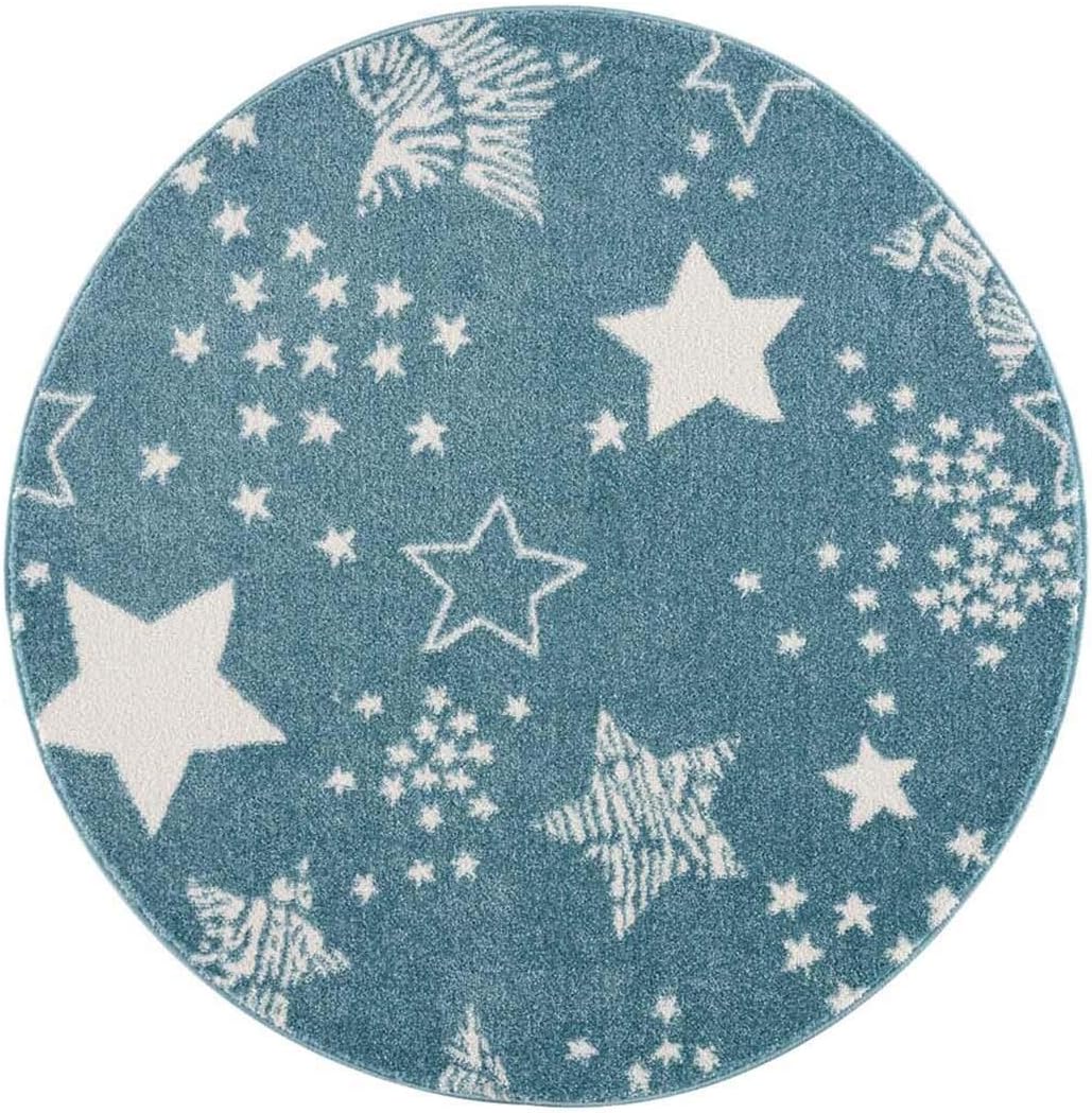 carpet city Kinderteppich - Sterne Sternen-Himmel 120 cm Rund Blau - Kinderzimmer Teppich Modern 120