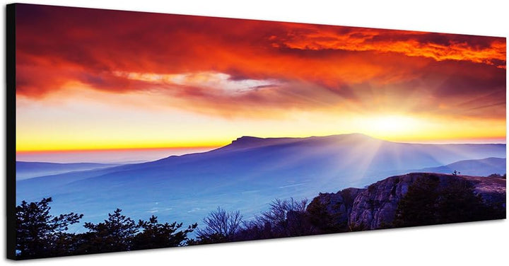 Paul Sinus Art Panoramabild auf Leinwand und Keilrahmen 150x50cm Landschaft Berge Wolken Sonnenstrah