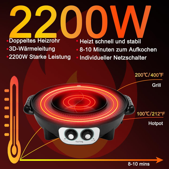 Food Party 2 in 1 elektrogrill und hotpot rauchfrei Electric Smokeless Grill and Hot, Hot Pot One