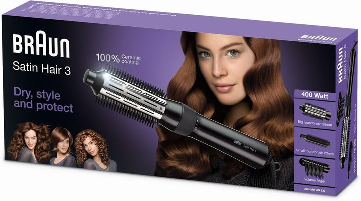 Braun Satin Hair 3 Warmluft-Lockenbürste, inkl. Kamm- und Bürstenaufsatz, AS 330, schwarz, 1er Pack
