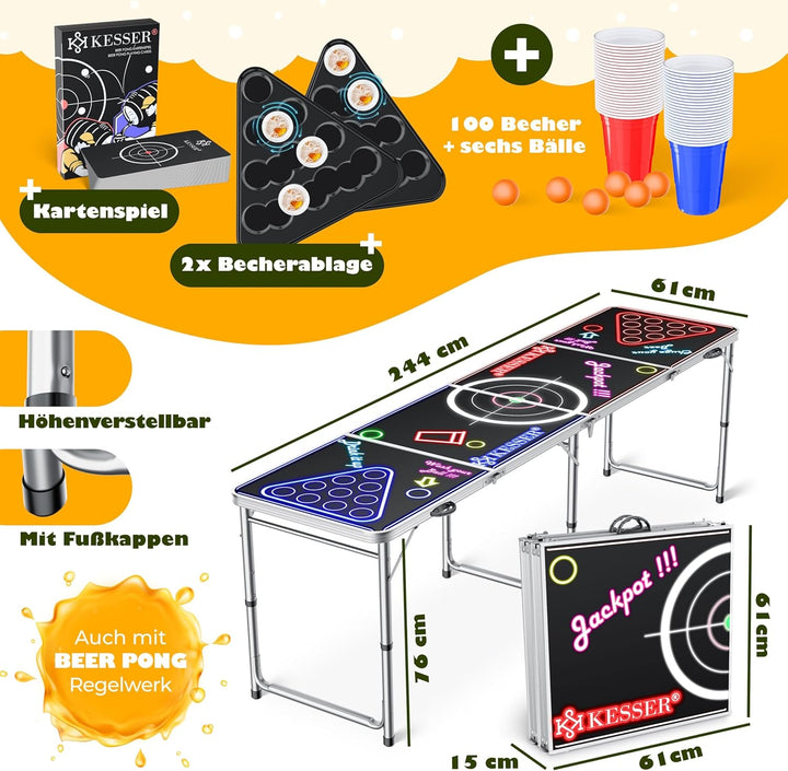 KESSER® Bier Pong Tisch Set mit Kartenspiel Trinkspiel LED-Action inkl. 100 Becher (50 Rot & 50 Blau