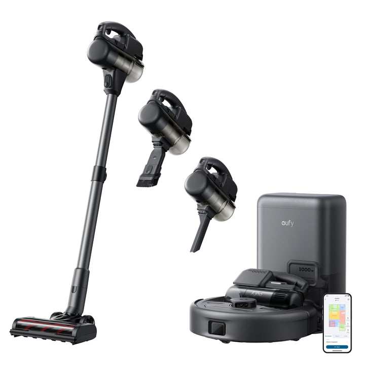 eufy Saugroboter 3-in-1 E20, Kombi-Design Stabstaubsauger, Auto-Entleerung aller Geräte, Max. 30.000