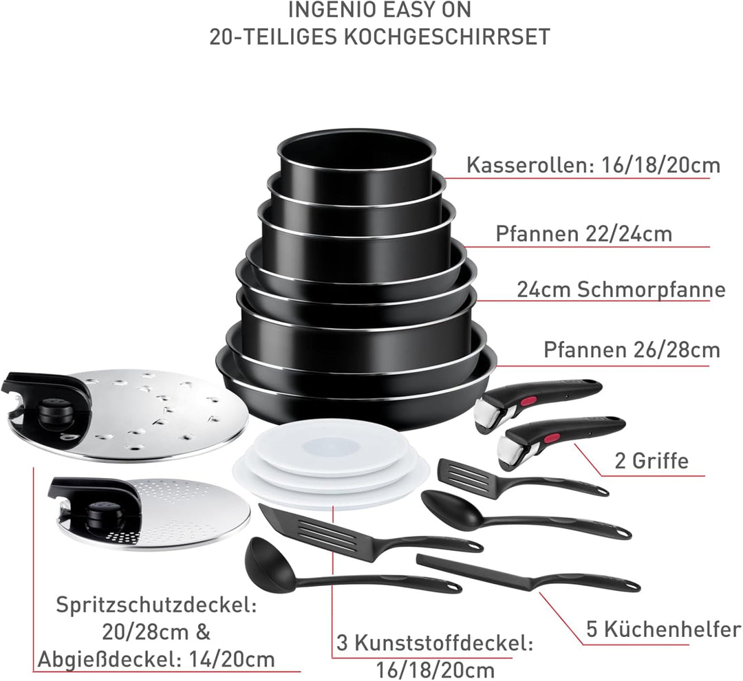 Tefal Ingenio Easy ON Töpfe & Pfannen Set, 20-teilig, stapelbar, abnehmbarer Griff, platzsparend, an