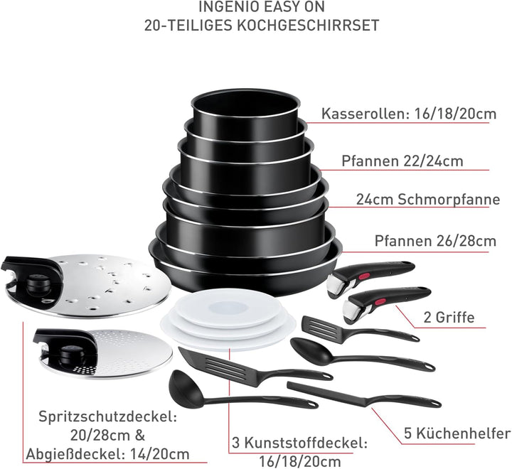 Tefal Ingenio Easy ON Töpfe & Pfannen Set, 20-teilig, stapelbar, abnehmbarer Griff, platzsparend, an