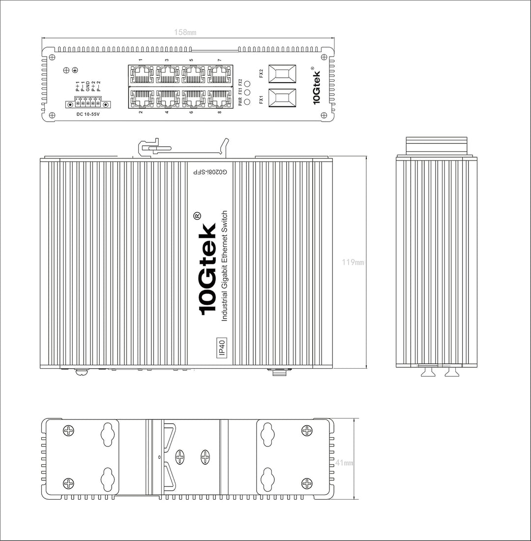 10Gtek Industrial IP40, 10-Port Gigabit Ethernet Switch (w/20-km SFP transceiver), G0208i, DIN-Rail