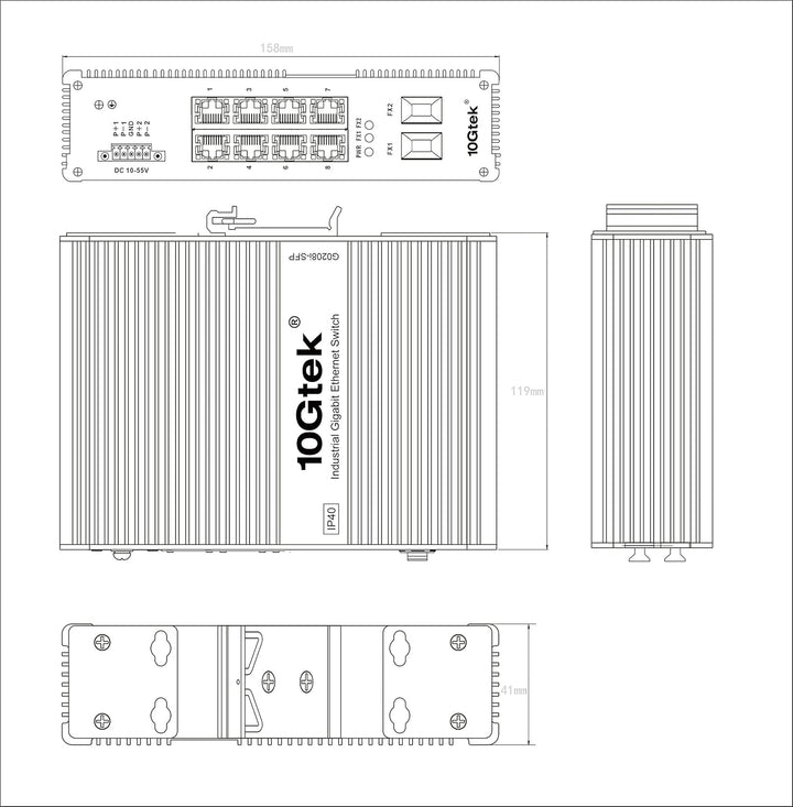 10Gtek Industrial IP40, 10-Port Gigabit Ethernet Switch (w/20-km SFP transceiver), G0208i, DIN-Rail