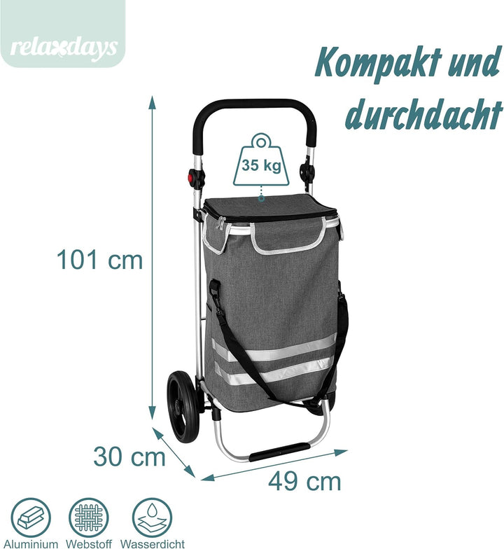 Relaxdays Einkaufstrolley, 2 grosse Räder, Kühlfach, abnehmbare Tasche, 45 l, bis 35 kg, Einkaufswag
