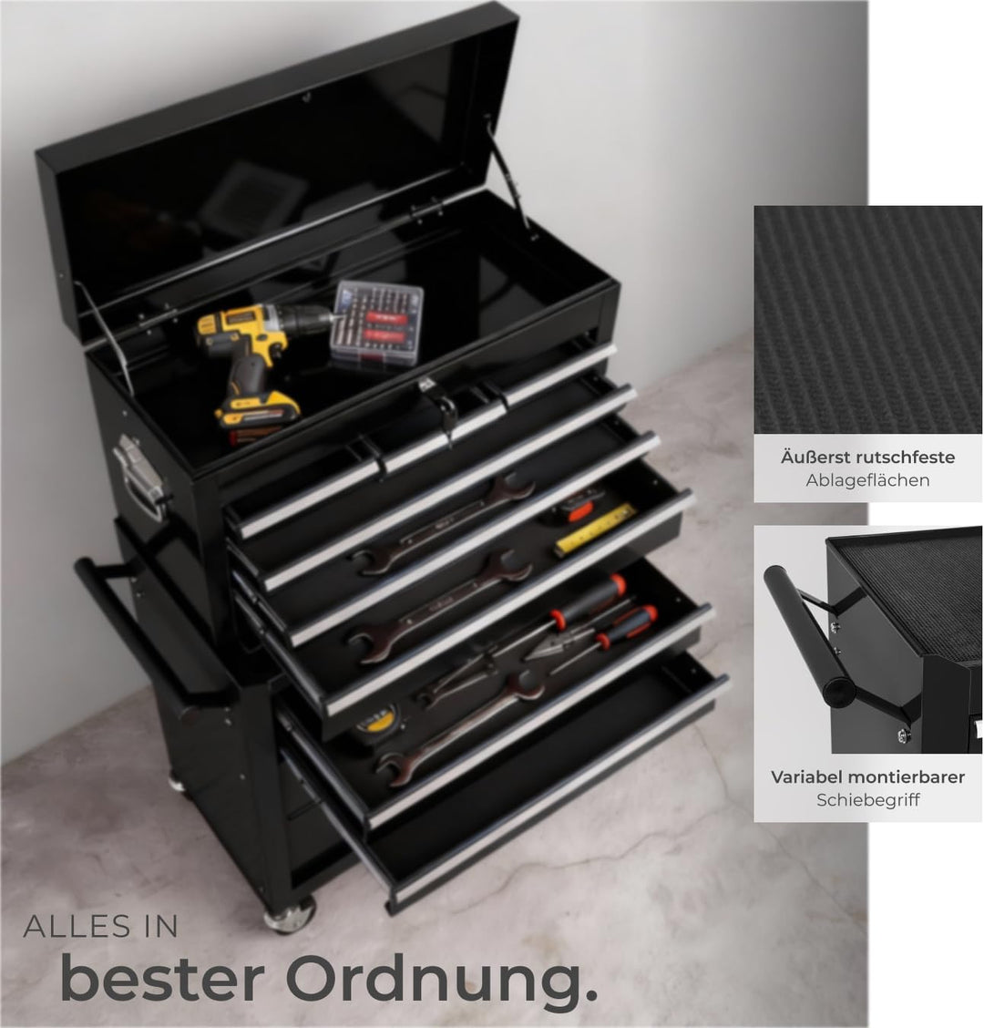 tectake Werkstattwagen Trolley mit Kofferaufsatz, Werkzeug Wagen abschliessbar, 10 Fächer, Mobile We
