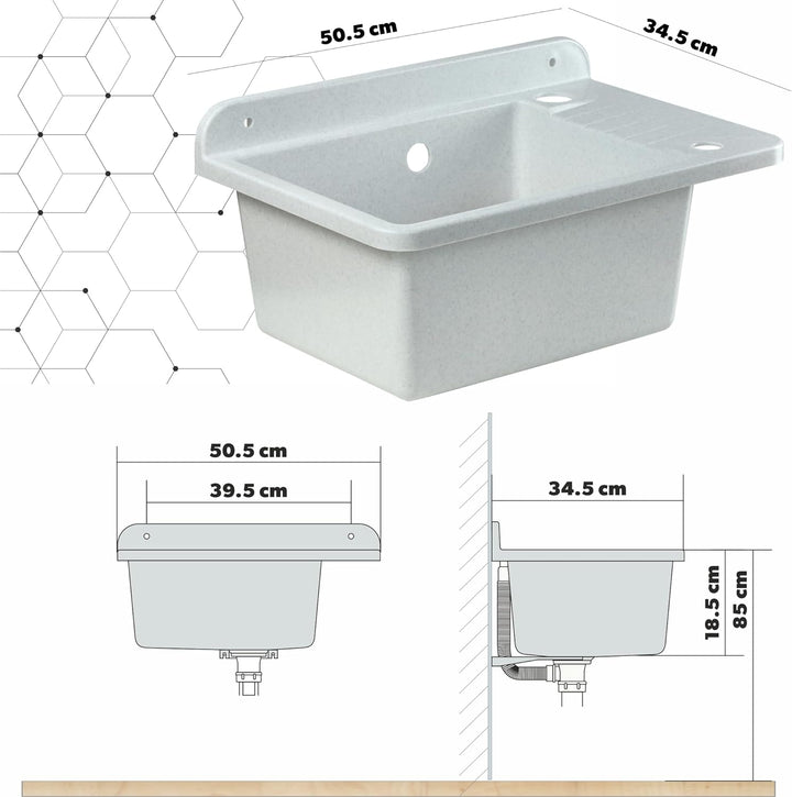 GOSPO Ausgussbecken aus Polypropylen, 50,5 x 34 x 26,5 cm, Spülbecken mit Armatur, Siphon, Seifenspe
