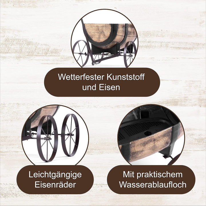 Blumenwagen Whiskyfass - Pflanzwagen auf rädern, Gartendeko Blumentopf Barel - realistischer Blument