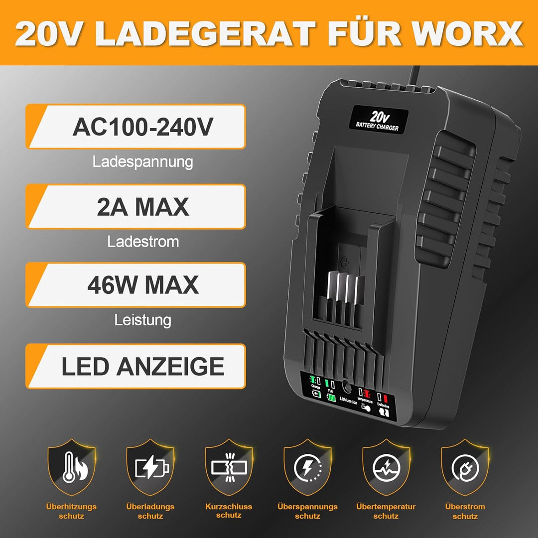 Schnellladegerät Ersatzladegerät für Worx Akku Ladestation Kompatibel mit Worx 20V Akku WA3551