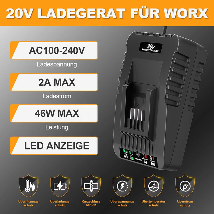 Schnellladegerät Ersatzladegerät für Worx Akku Ladestation Kompatibel mit Worx 20V Akku WA3551