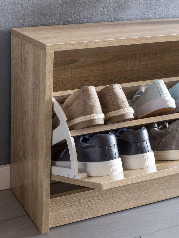 Holz Schuhkipper Bank: Kippfächer, Verstellbarer Einlegeboden, Melaminharzbeschichtung Farbe: Beige,