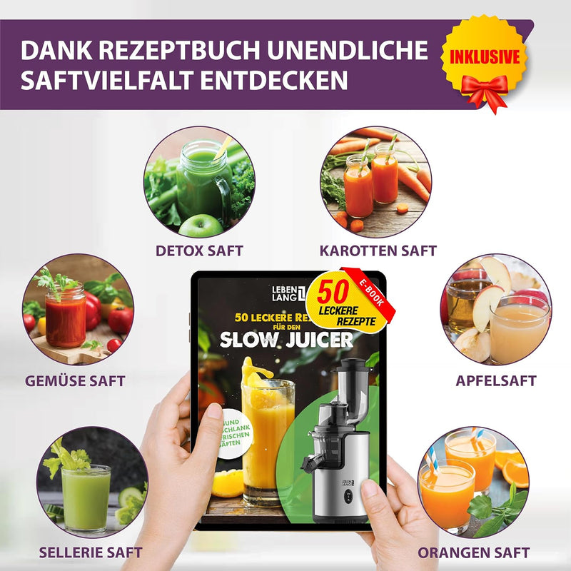 LEBENLANG Entsafter Slow Juicer Edelstahl - Gemüse und Obst & BPA-Frei l Selleriesaft Saft Karotten