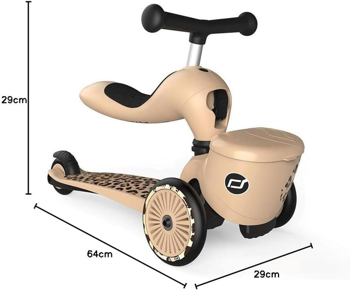 Scoot & Ride Unisex – Babys Highwaykick 1 Lifestyle Kickboard mit Sitz und Behälter… Leopard, Leopar