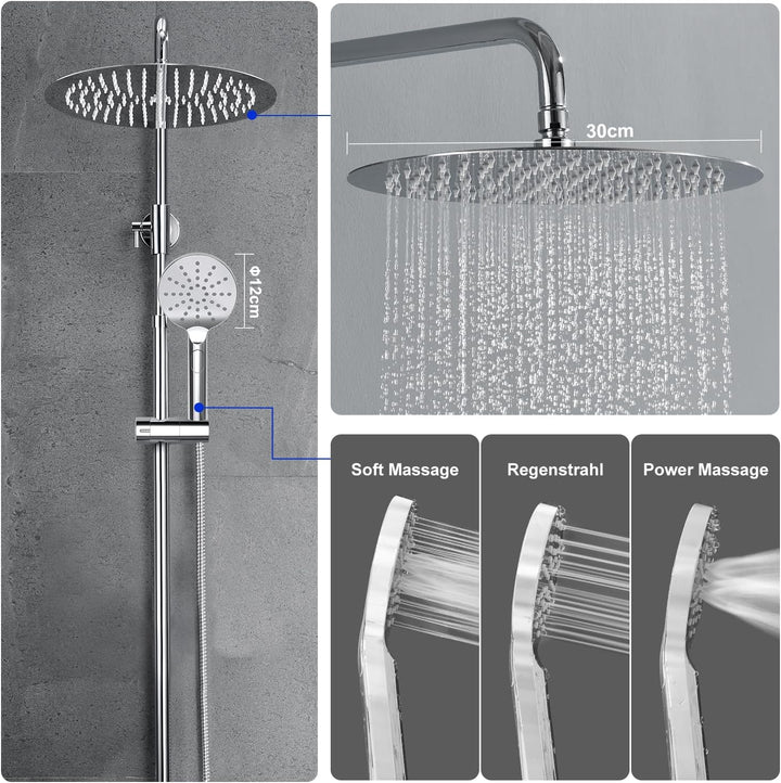 JOHO 304 Edelstahl Duschsystem ohne Armatur, Chrom Regendusche set mit Wandhalterung, Duschkopf mit