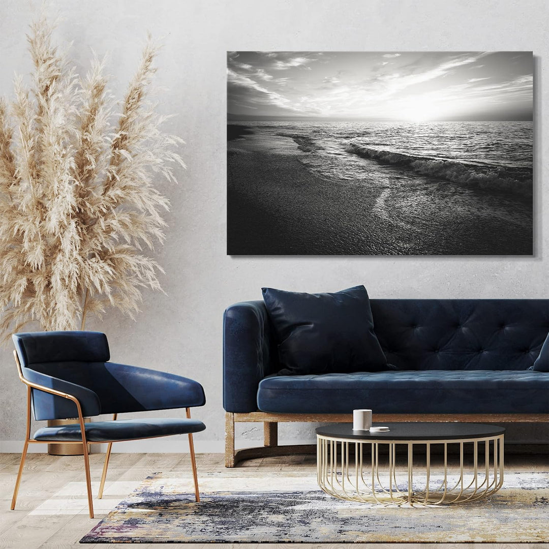 Printed Paintings Leinwand (100x70cm): Landschaftsbilder Wellen am Strand (Meer) schwarz-weiss Fot 1