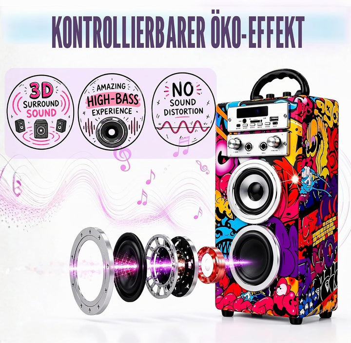 Dynamic Karaoke-Maschine, tragbarer Karaoke-Lautsprecher mit 2 Mikrofonen, Bluetooth-Lautsprecher, U