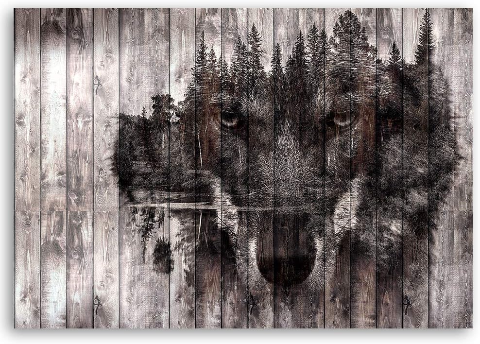 Feeby Bilder Wolf Holz Wald im Nebel XXL 120x80 cm 1Teilig Wohnzimmer Schlafzimmer Wandbilder Leinwa