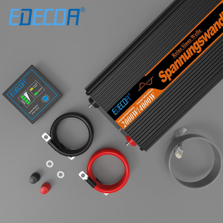 EDECOA Wechselrichter 24v 230v 2000w Reiner Sinus Spannungswandler mit ECO-Modus LCD-Bildschirm 2X U