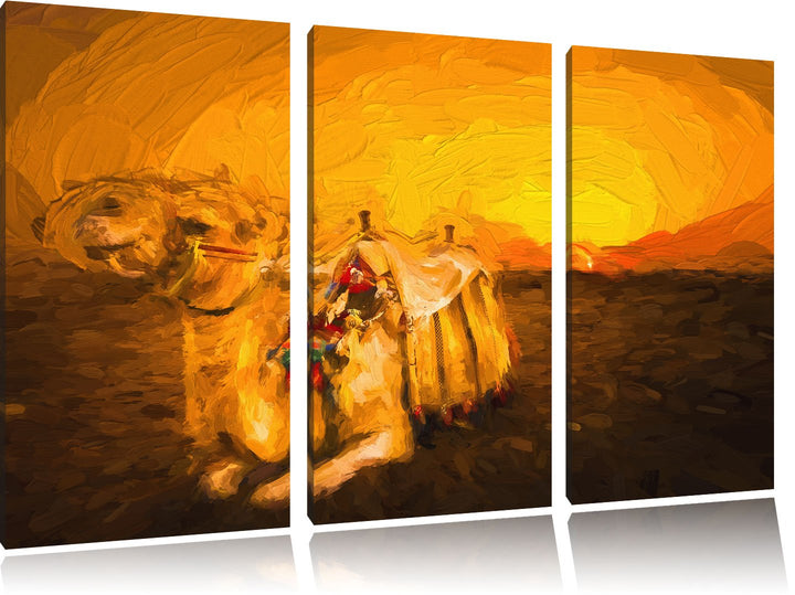 Pixxprint Kamel bei Sonnenuntergang in Ägypten Kunst Pinsel Effekt 3-Teiler Leinwandbild 120x80 Bild