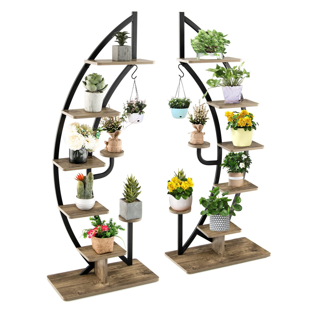 RELAX4LIFE Pflanzenständer Halbmondförmig, 6-Stufiges Blumenregal mit Ablagen Haken, Blumenständer m