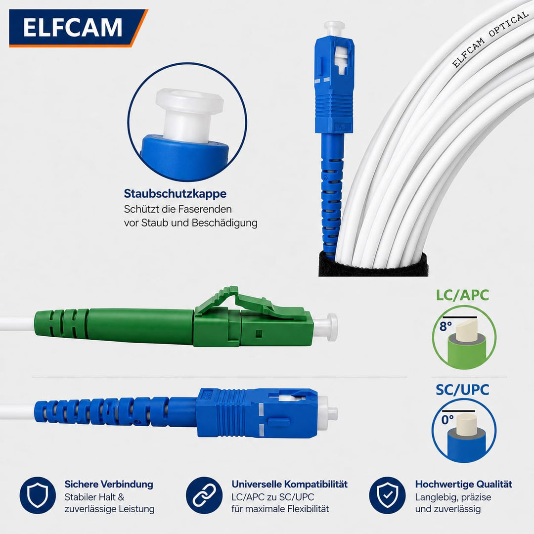 Elfcam - 50m Glasfaser-Kabel LC/APC auf SC/UPC Stecker für FRITZ!Box, Simplex Singlemode 9/125μm OS2