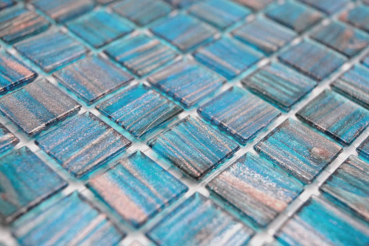 Mosaikfliese Glasmosaik Türkis Blau Perlenzian Kupfer changierend Küchenrückwand Duschwand | 10 Mosa