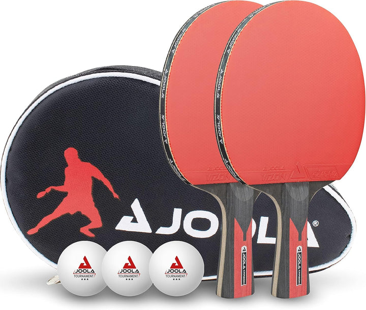 JOOLA Tischtennis Set Duo Carbon 2 Tischtennisschläger + 3 Tischtennisbälle + Tischtennishülle, rot/
