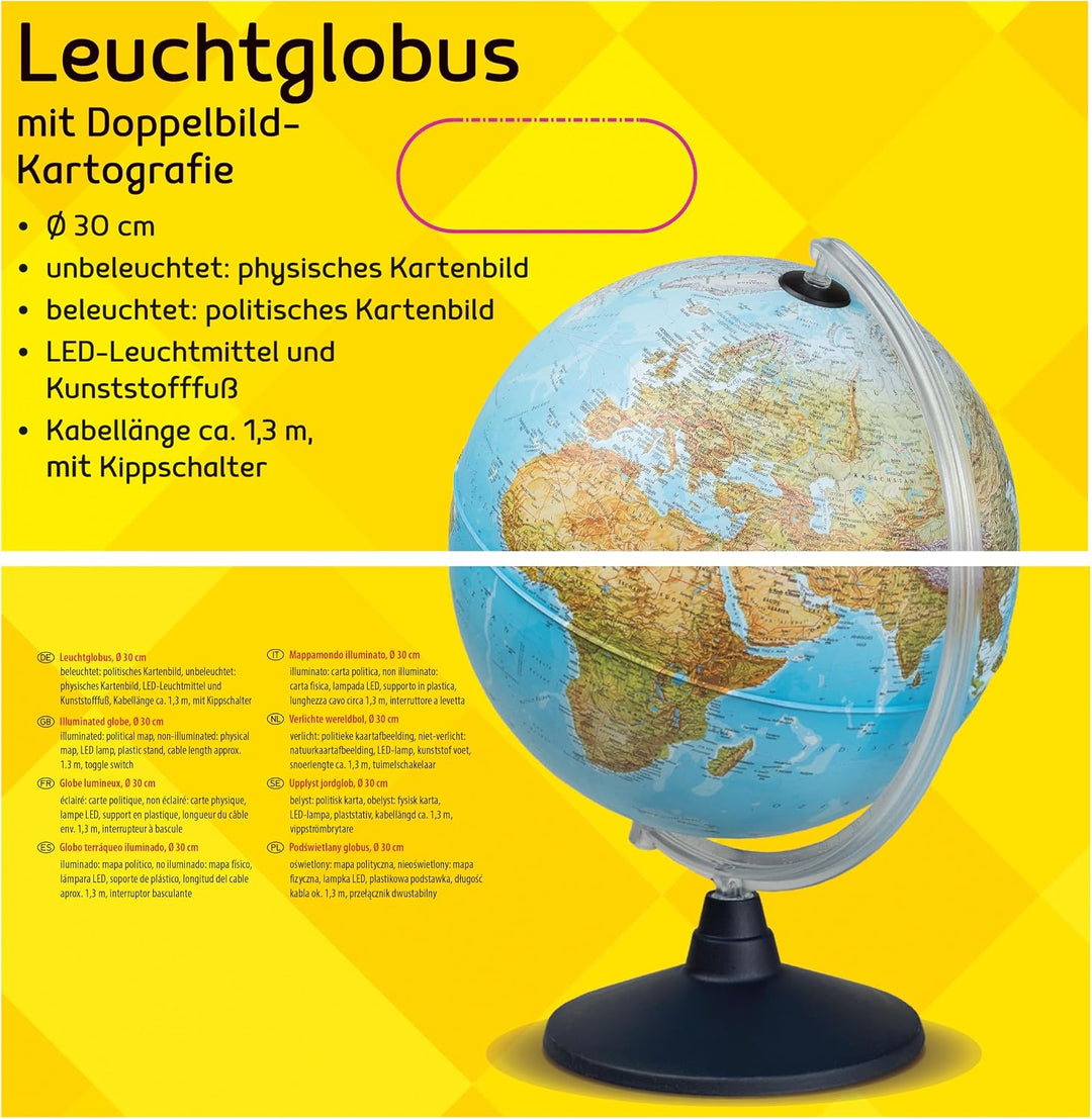 Idena 569902 - Leuchtglobus mit LED Beleuchtung und Ein- und Ausschalter, Durchmesser ca. 30 cm, phy