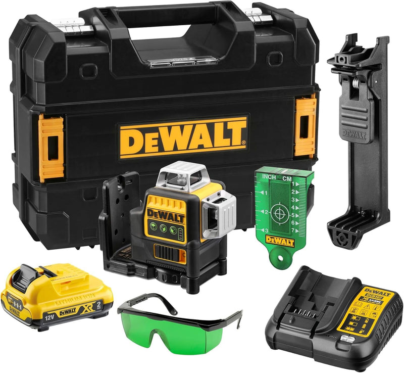 Dewalt Linienlaser (selbstnivellierender 3x360°,10,8V, 2Ah, manueller Modus ab 4° (Blinkmodus), Arbe