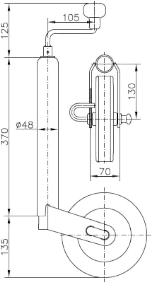 UNITRAILER Stützrad 150 kg 48 mm für Pkw-Anhänger Wohnwagen Trailer Höhe 505–730 mm Auszug 225 mm Vo