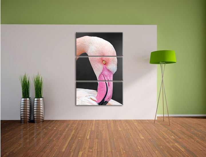 Pixxprint schöner Flamingo putzt Sein Gefieder als Leinwandbild/Grösse: 3 Teilig (120x80) / Wandbild