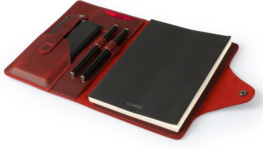 Londo Echtleder Schreibmappe Konferenzmappe mit Notizblock Notizblock und Schloss Rot L, Rot L