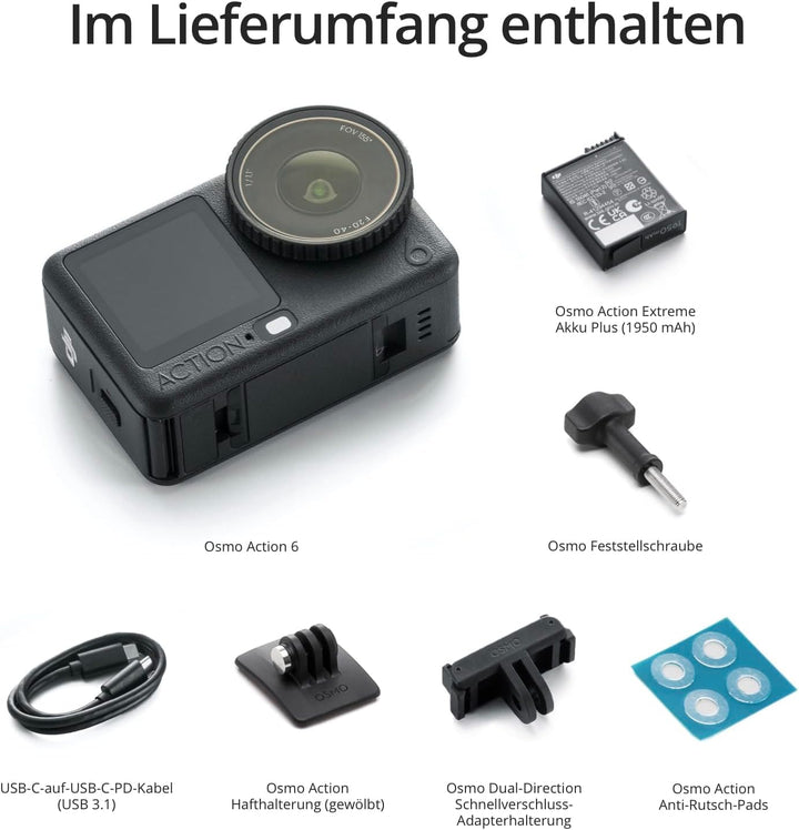 DJI Osmo Action 6 Standard Combo Linsenschutz + Speicherkarte Combo mit Zubehör, Action-Cam mit 1/1,