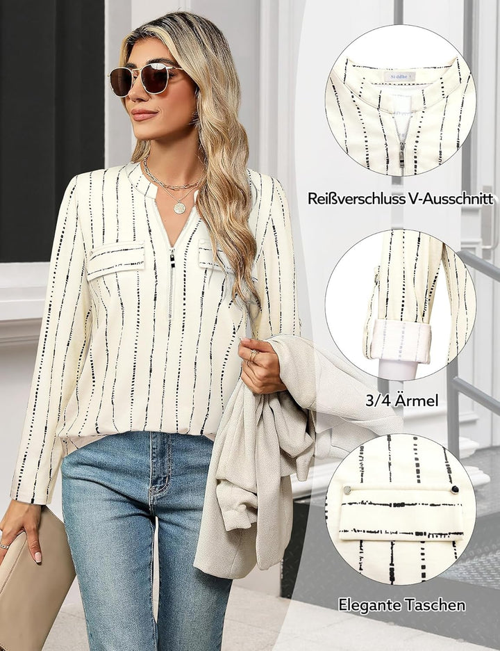 Siddhe Damen V-Ausschnitt Bluse 3/4 Ärmel Tunika mit Reissverschluss Elegant Longbluse Lange Shirt C