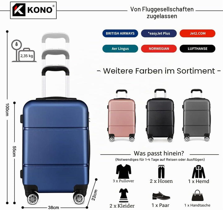 KONO Reisekoffer Handgepäck Koffer mit Rollen Hartschale Trolley 55x38x22cm 33 Liter Leichtgewicht A
