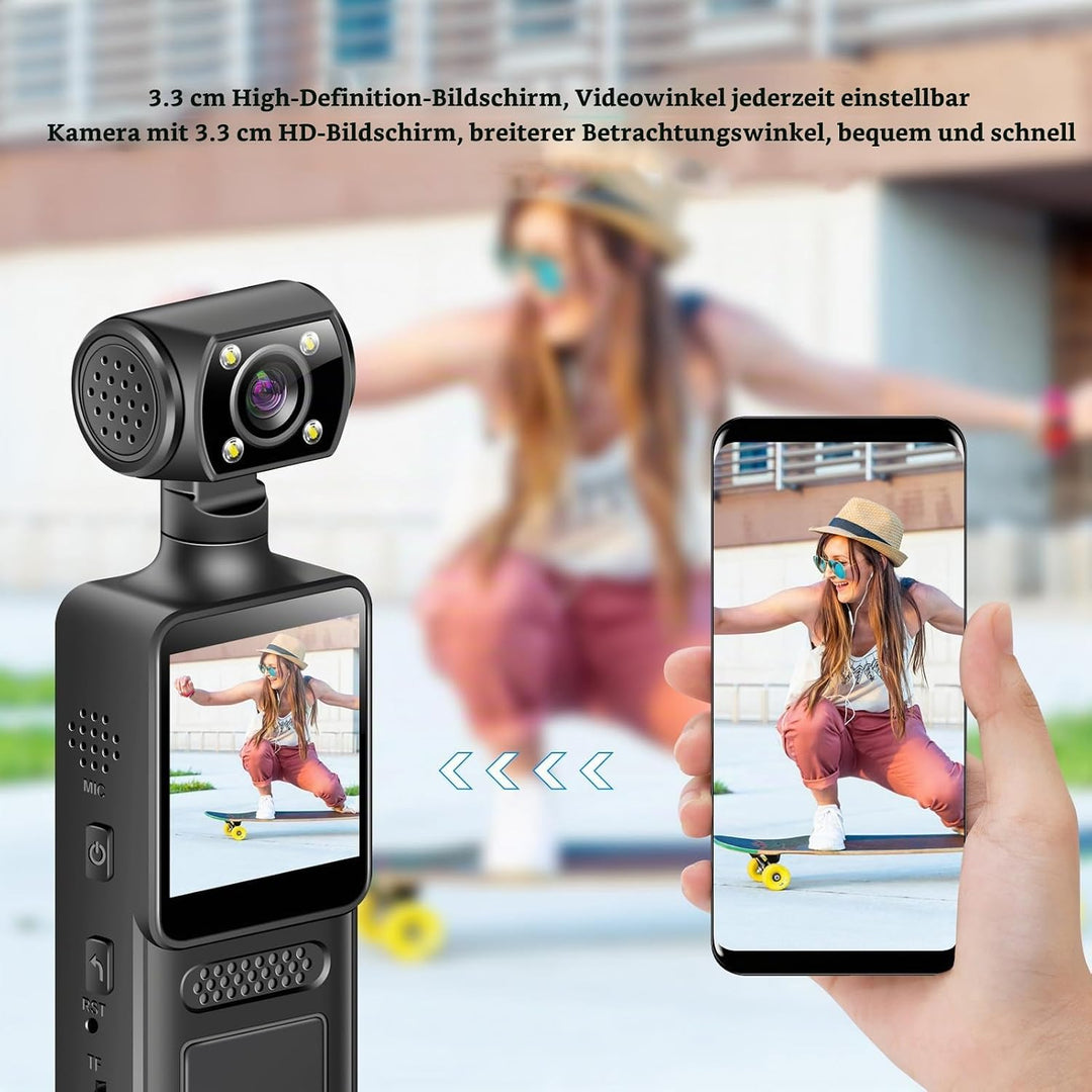 XUMIUZIY Handheld Action Kamera, 4K HD WiFi Sportkamera mit 180° Drehbarem Objektiv, 1,3 Zoll HD Bil