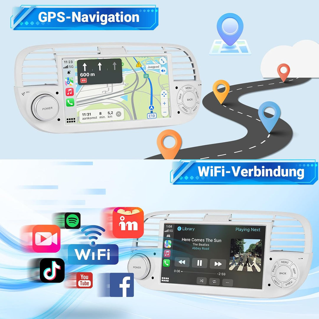 ESSGOO 4+64G Wireless Autoradio mit Carplay und Android Auto Für FIAT 500 2007-2015, Android 14 Auto