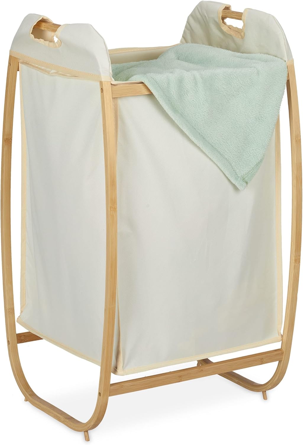 Relaxdays Wäschekorb mit Bambusgestell, ohne Deckel, HBT: 80 x 44 x 43 cm, 70 l Stoffbeutel, Wäsches
