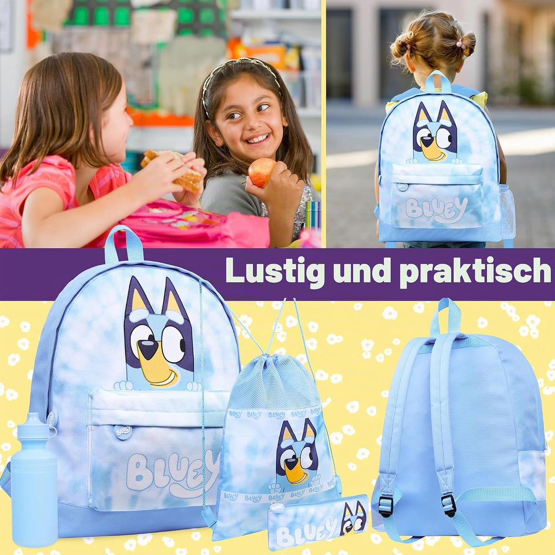 BlueY Rucksack Kinder Set 4 Teilig Trinkflasche Federmäppchen Lunchtasche oder Turnbeutel Kinder für