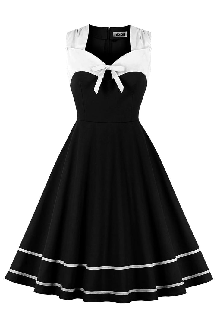 AXOE Damen Vintage Kleid Rockabilly 50er Jahre Ärmellos XL Schwarz/Weiss, XL Schwarz/Weiss