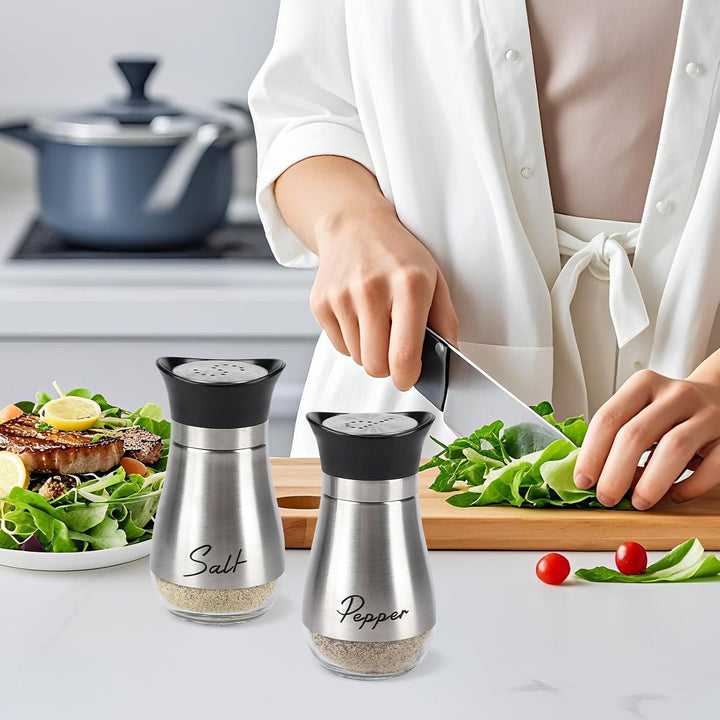 Salz und Pfefferstreuer Set, Salz und Pfefferstreuer Set mit Halter, 8 Stück Edelstahl und Glasflasc