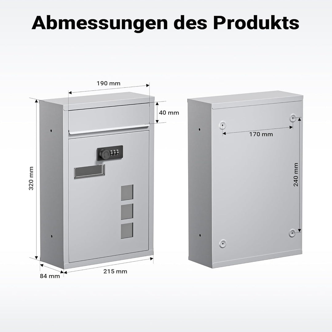 Wiltec Briefkasten silberfarben 215x320x90mm Briefkasten mit Zahlenschloss, Namensschild und Sichtfe