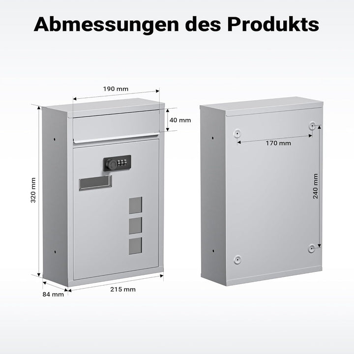 Wiltec Briefkasten silberfarben 215x320x90mm Briefkasten mit Zahlenschloss, Namensschild und Sichtfe
