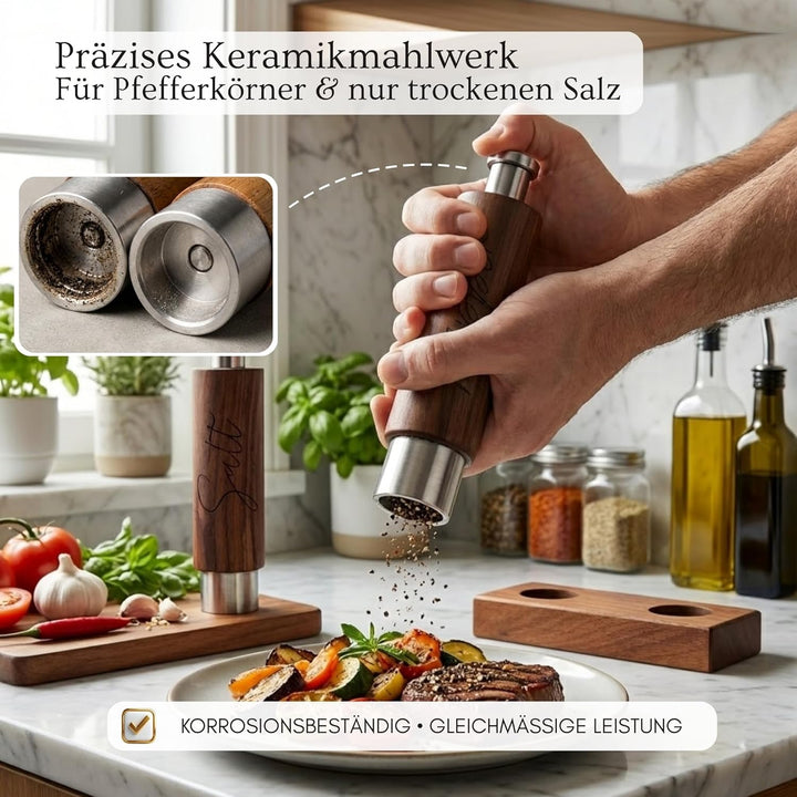 PAVLOVA’S Schweizer Pfeffer- und Salzmühlen Set aus Walnussholz – Einhand-Mühlen mit Keramikmahlwerk