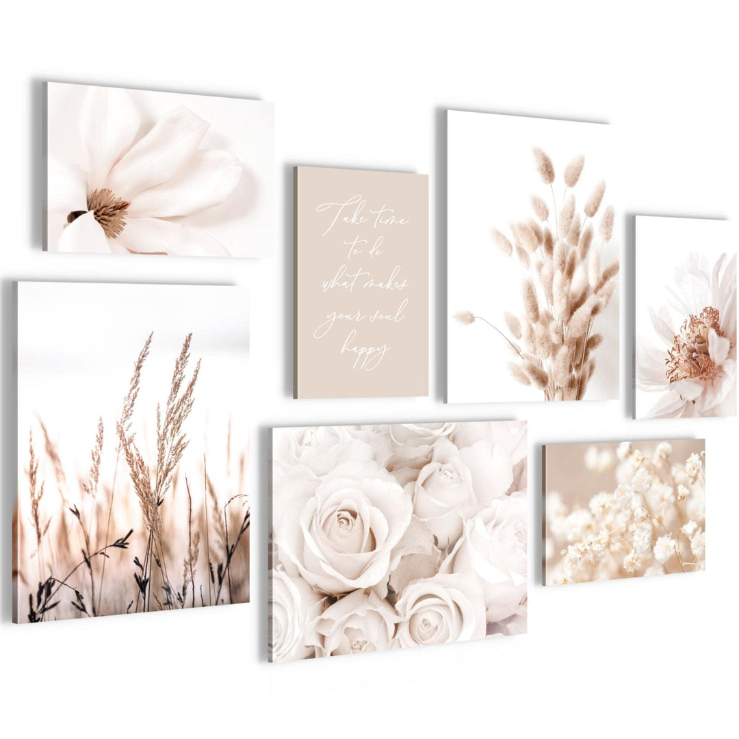 Novart Wandbilder Boho Blumen - KOMPLETT AUFHÄNGFERTIG - Beige Wohnzimmer Schlafzimmer- 7 Moderne Mo