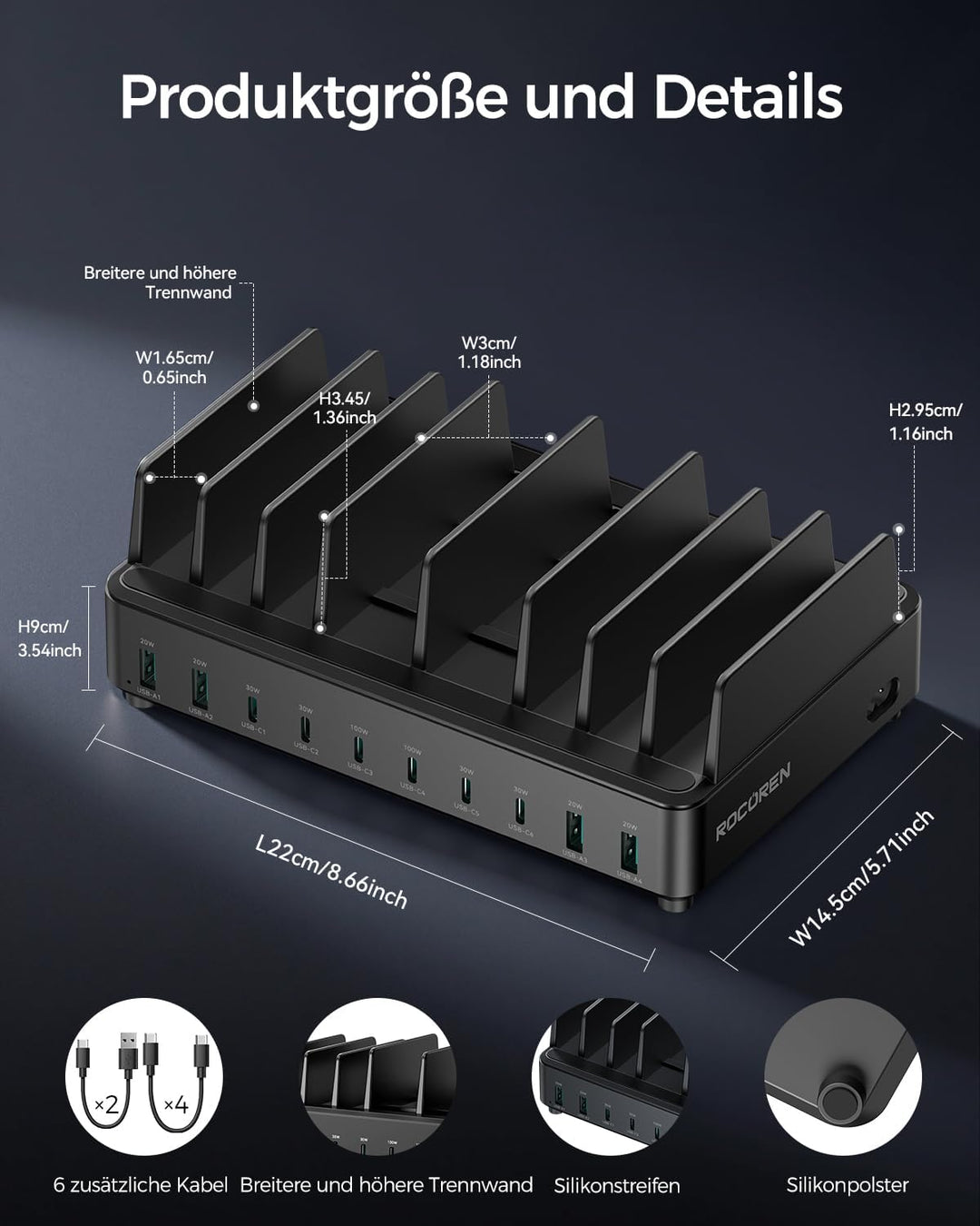 Rocoren 400W Ladestation Mehrere Geräte USB C Charging Station, GaN PD100W 10 Anschlüsse Familien Ha