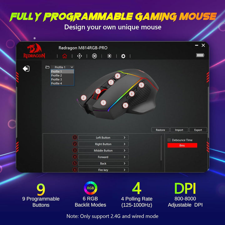 Redragon Kabellose Gaming Mouse, 2.4G/USB-C/Bluetooth Ergonomische Mouse Gaming, 8000 DPI, RGB Back-